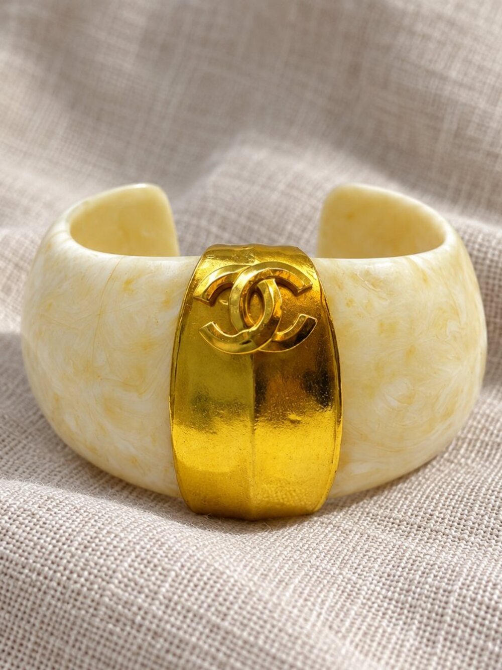 Chanel White Resin Cuff Bracelet Gold CC (1998 Vintage)